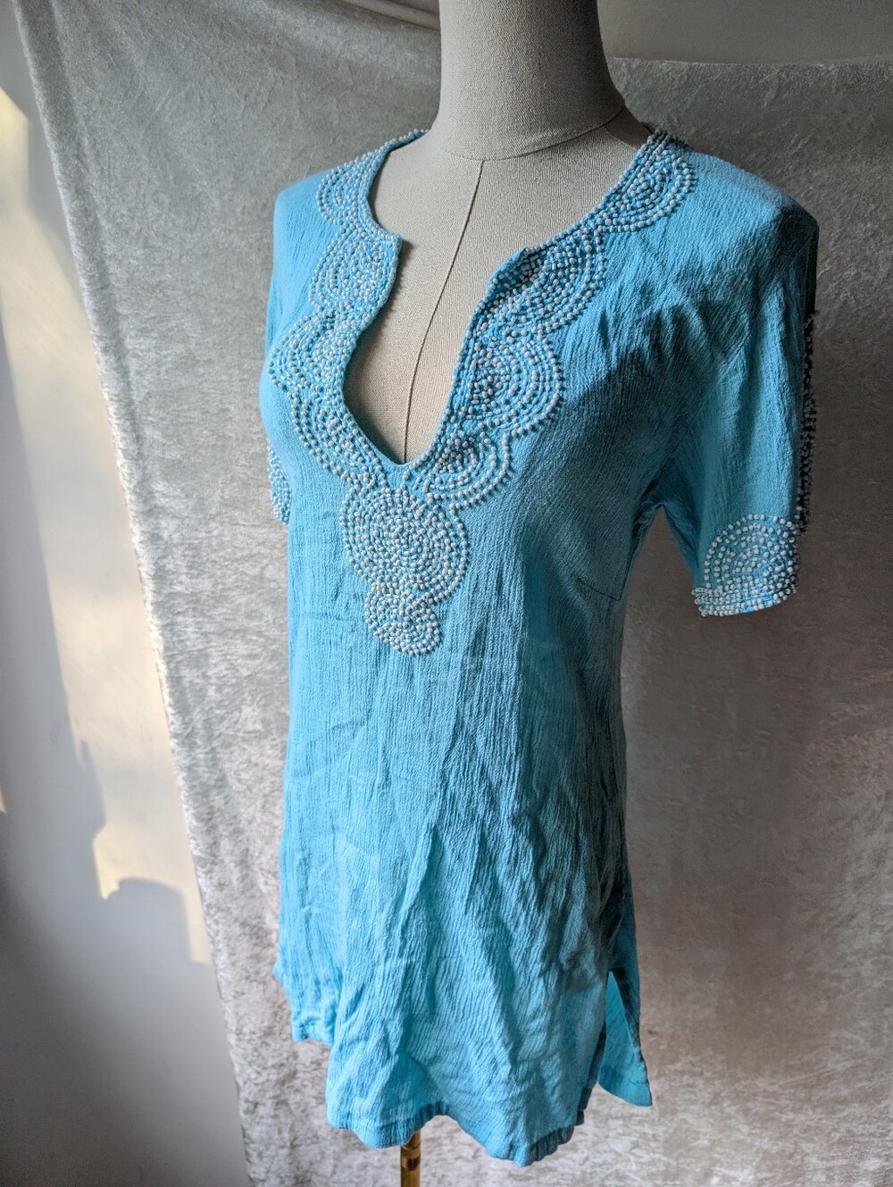 Blue Gender Small Beaded Beach Side Short Sleeve Tunic Top Mini Dress Cover Up
